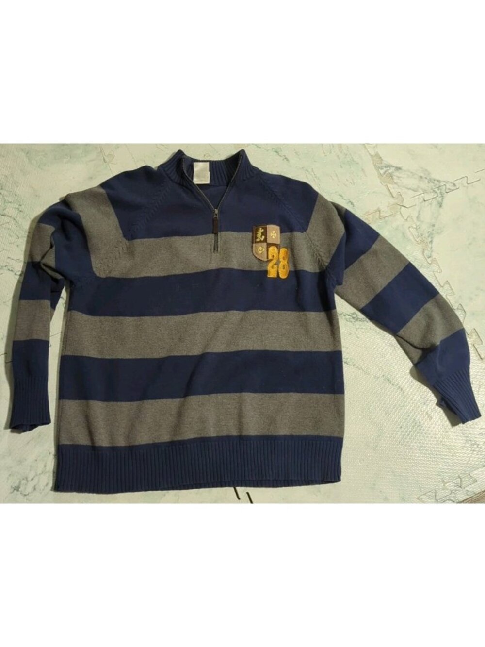 Disney Store Mickey 28 Men's 1/4 Zip Blue Grey Striped Knit Sweater Size Large